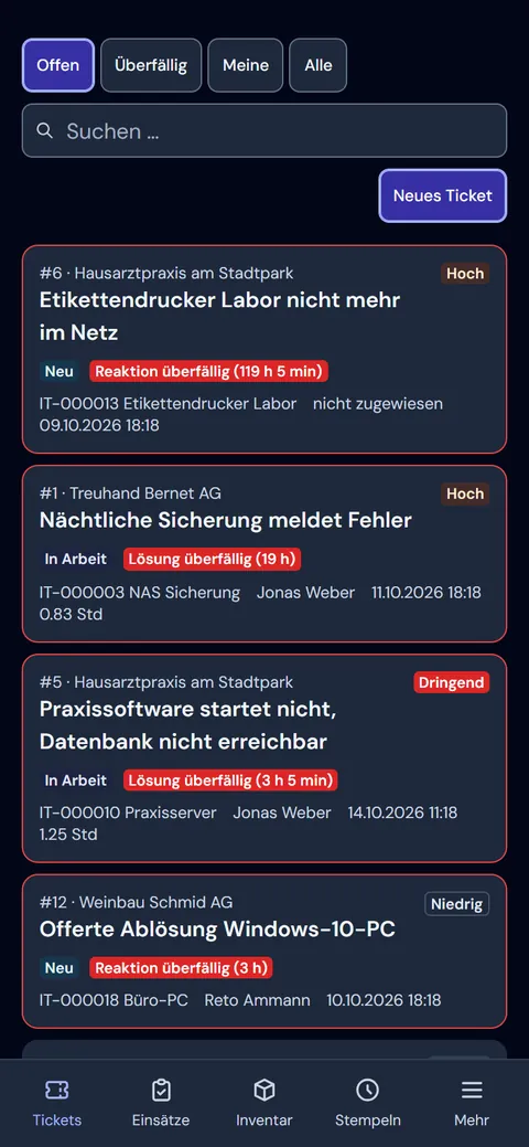 dxIT auf dem Handy: offene Tickets mit SLA