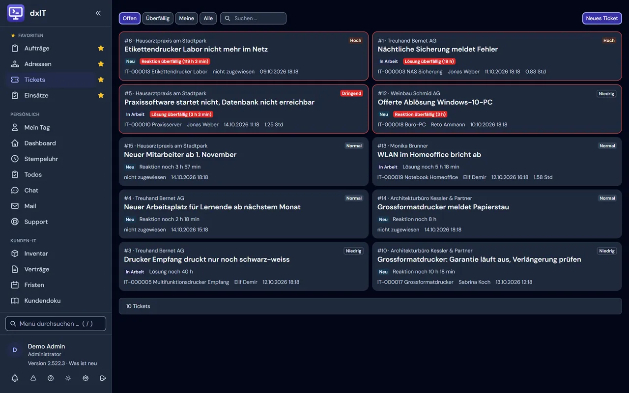Ticketliste von dxIT mit SLA-Fristen, Priorität, Gerät und Zuständigkeit